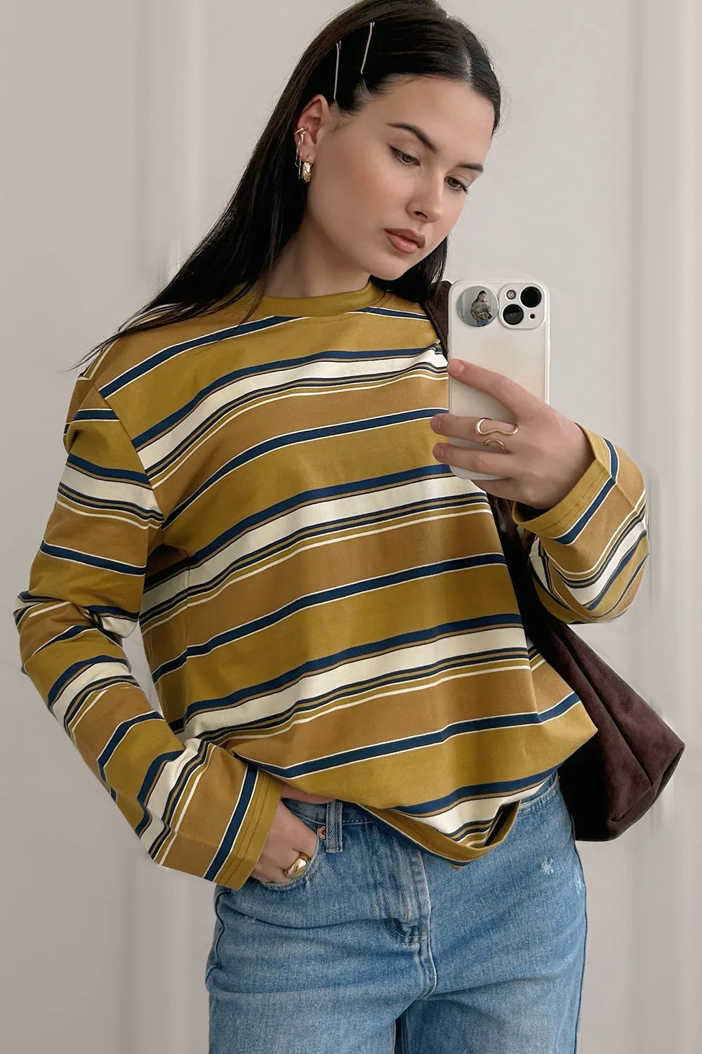 Hirsionsan Long Sleeve Striped T Shirt Women 2025 Spring autumn Oversized 100% Cotton Tshirts Female Casual Chic Tees Girls Tops