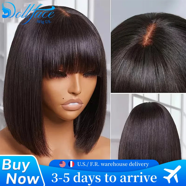 Straight Human Hair Bob Wigs With Bang Full Machine Made Wigs 3x1 Middle