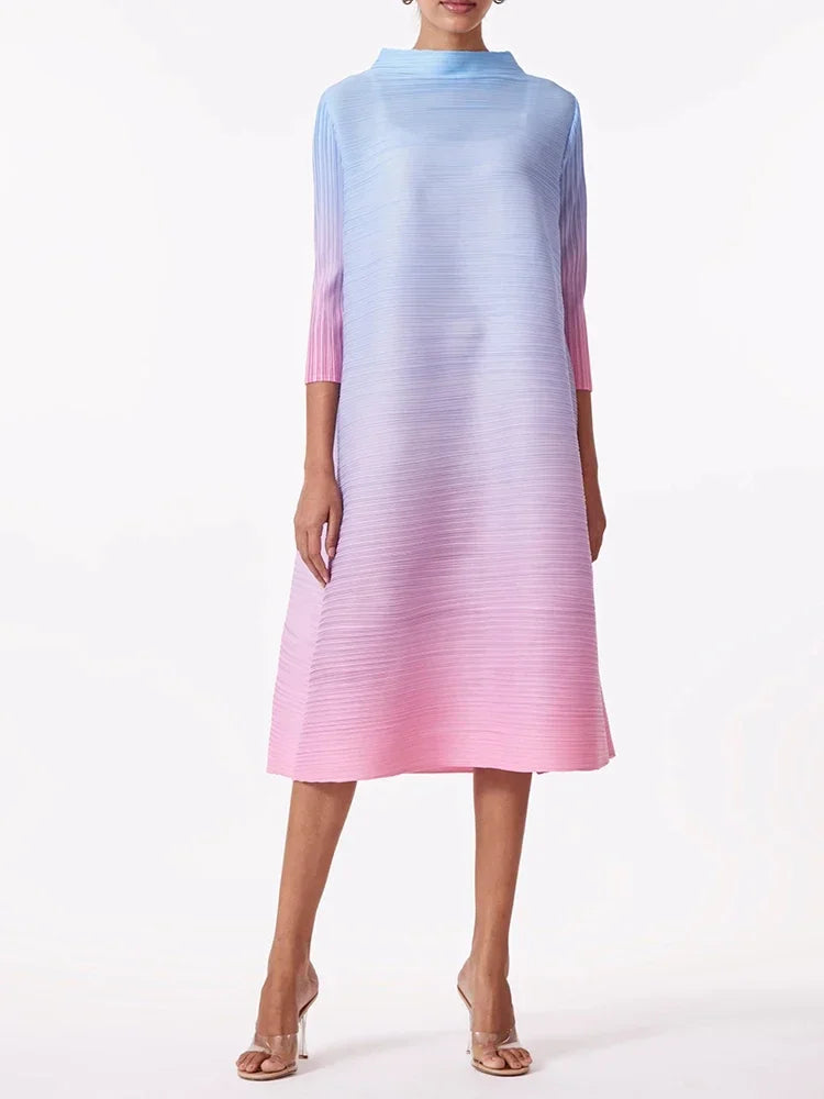 YUDX Miyake Elegant Gradient Pleated Dress Turtleneck Full Sleeves Pink Orange Fashion Mid-Calf Dresses For Women 2025 New