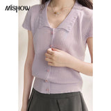 MISHOW New Linen Blended Collar Knitted T-shirt Short Sleeved Women's 2026 Summer Wave Edge Casual Short Thin Top MXF21Z3105