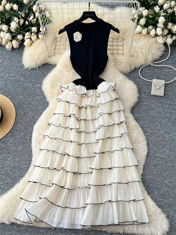 SINGREINY Autumn 3D Floral Spliced Long Dress 2025 Female O Neck Long Sleeves High Quality Slim Luxury Knitted Party Cake Dress
