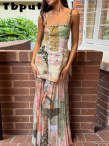 Sexy Printed Women's Dress Slip Top Sleeveless Pleated Lace Up Lady Long Dresses 2026 Summer Fashion Female Vacation Robe