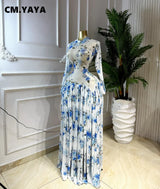 CM.YAYA Women Tie Dye Print O-neck Long Sleeve Pleated Long Dress 2026 Sexy Mesh Evening Party Birthday Vacation Dresses Vestido