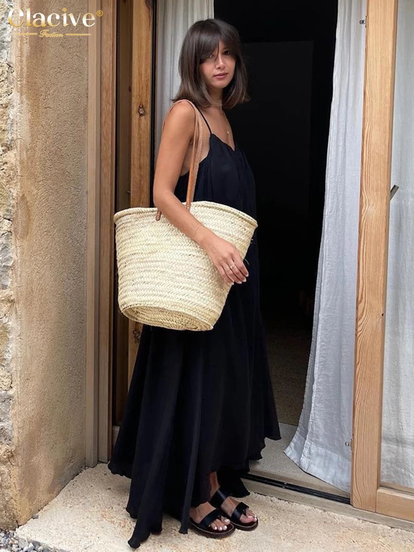 Clacive Summer Loose Black Women'S Dress 2023 Fashion Strap Sleeveless Ankle-Length Dresses Elegant Backless Female Sundress