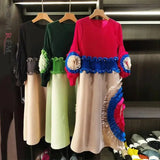 LANMREM Pleated Tie Flower Long Sleeve Women's Dress Chic New Loose Colorblock Patchwork Design Beading Famale Clothing 2DB6651