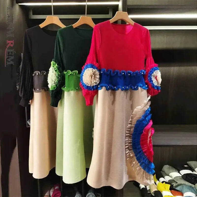 LANMREM Pleated Tie Flower Long Sleeve Women's Dress Chic New Loose Colorblock Patchwork Design Beading Famale Clothing 2DB6651