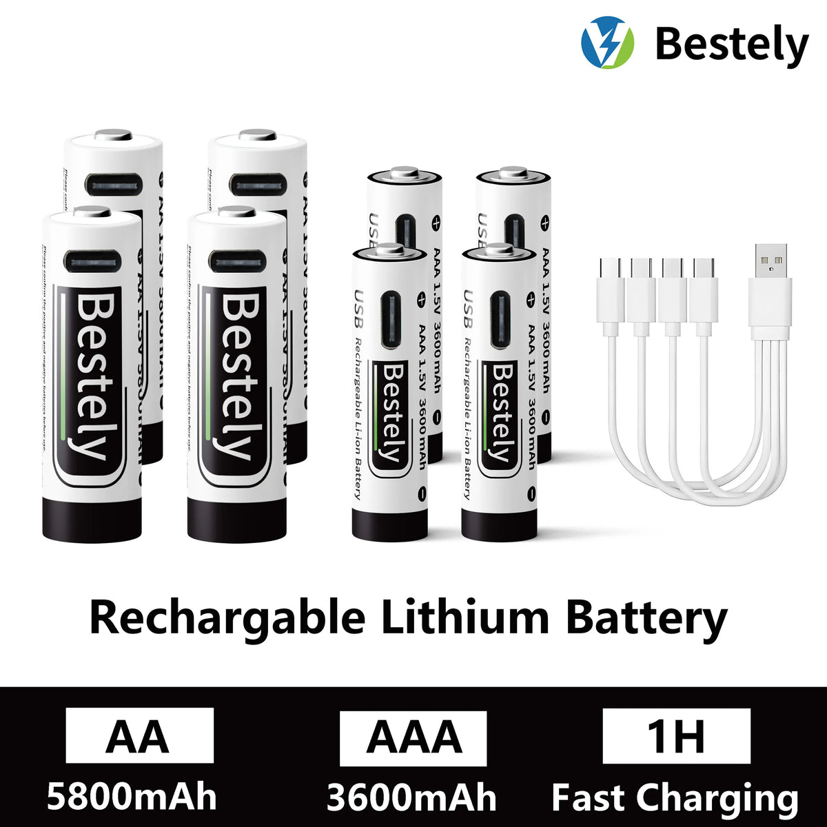AA AAA Battery 1.5V 5800mAh and 3600mAh Lithium Rechargeable Batteries Fast Charging Li-ion Battery 2000 Cycles Type-C Cable