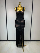 Women Sexy Sleeveless Square Collar Black Tassel Long Bandange Dresses Elegant Evening Party Birthday Gown Design Club Dress