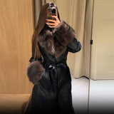 Women Long Coat Faux Fur Collar Cuffs Belted Waist Elegant Winter Outerwear Single Breasted Maxi Overcoat For Women Streetwear