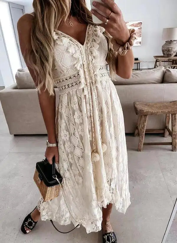 Summer Women Lace Strapless Flared Maxi Dress Solid White Long Dress Sleeveless V Neck Flowy Ruffle Bohemian Dresses