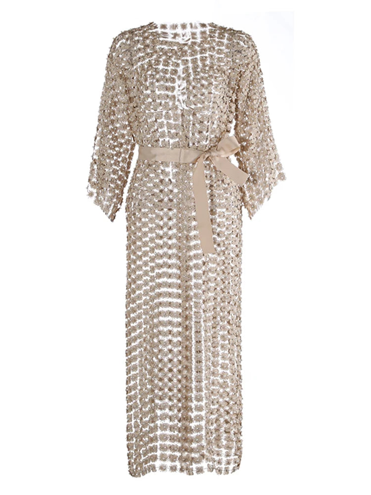 TWOTWINSTYLE Solid Patchwork Pearls Elegant Dresses For Women O Neck Long Sleeve Spliced Bowknot Midi Slimming Dress Female New