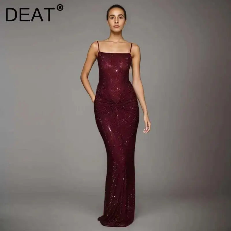 DEAT Fashion Gray Hot Drilling Spaghetti Strap Dress Women's Slim Fit Backless Folds Split Floor-length Dresses New Tide 7AB8510