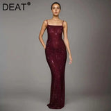 DEAT Fashion Gray Hot Drilling Spaghetti Strap Dress Women's Slim Fit Backless Folds Split Floor-length Dresses New Tide 7AB8510