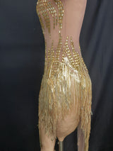 Sparkly Rhinestone Golden Sequins Tassel Sexy Transparent Dress Women Evening Birthday Party Nightclub Dance Singer Stage Outfit
