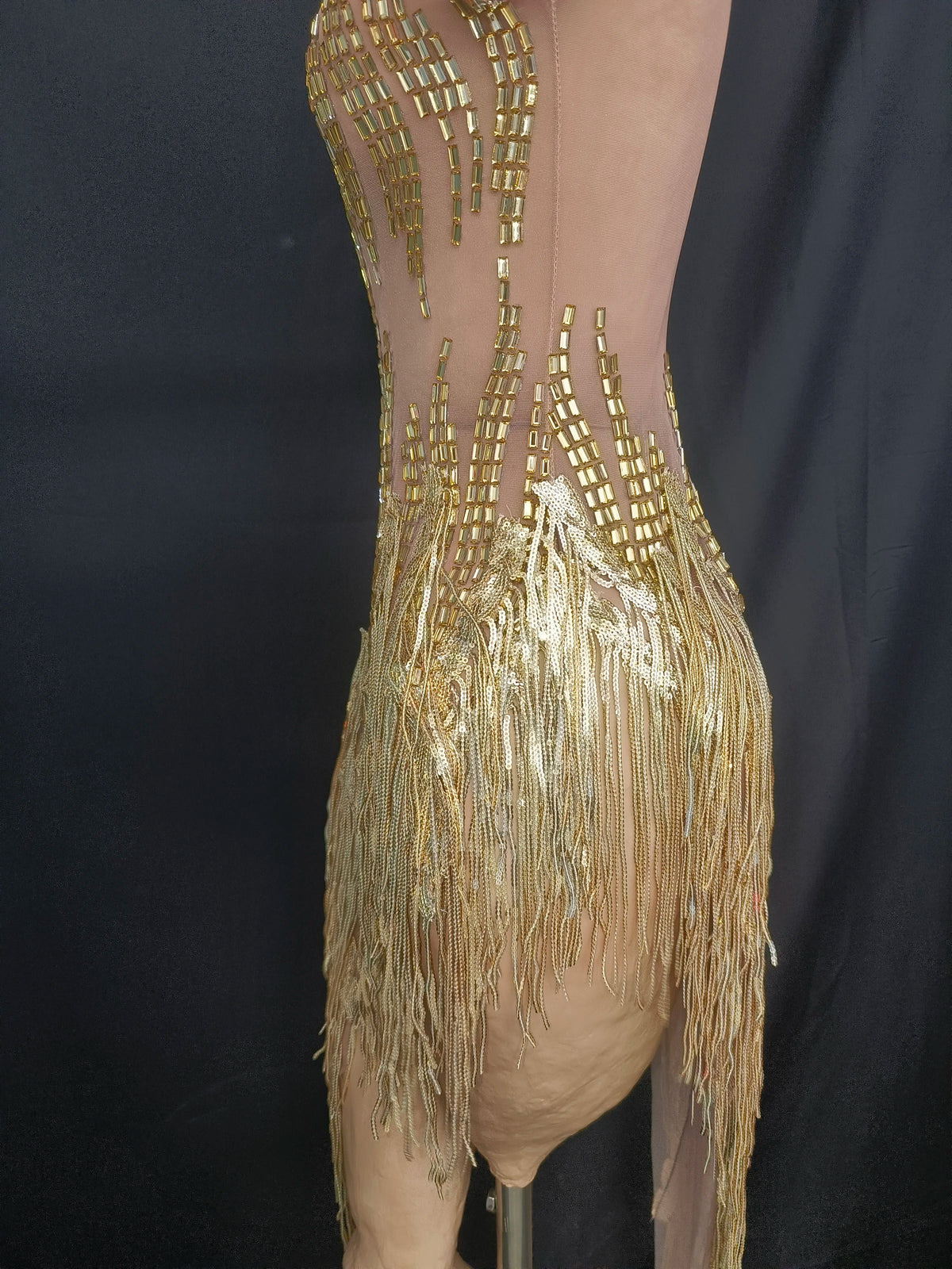 Sparkly Rhinestone Golden Sequins Tassel Sexy Transparent Dress Women Evening Birthday Party Nightclub Dance Singer Stage Outfit