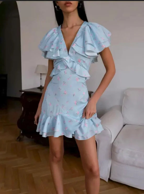 Women Floral Printed V-neck Mini Dress Fashion Half Sleeve High Waist Ruffle Slim Dresses 2026 Summer Elegant Lady Vacation Wear