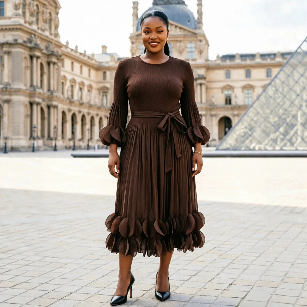 LANMREM Niche Women's Pleated Dress Fashion Solid Color Elegant Round Embellishments Patchwork Design Famale Clothing 2DB8043
