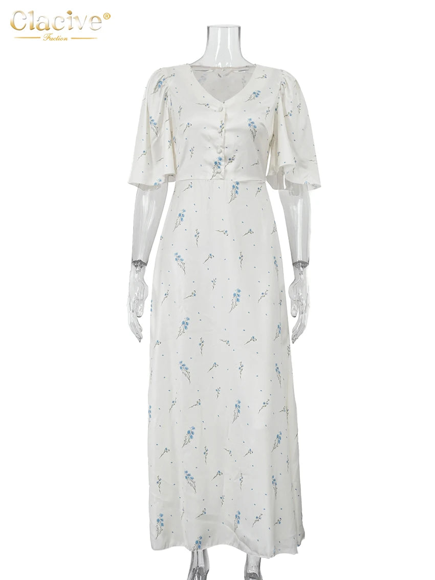 Clacive Summer Loose Print Women's Dress 2026 Sexy V-Neck Short Sleeve Ankle Length Dresses Elegant Classic Female Dress Streetw