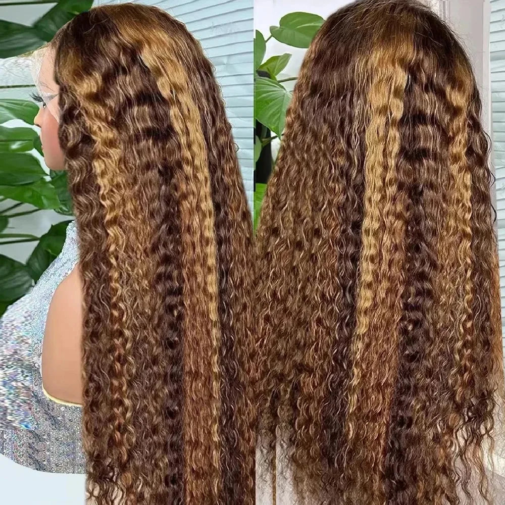 Deep Wave Curly Human Hair Wig Honey Blonde Highlight Wig Human Hair 5x5