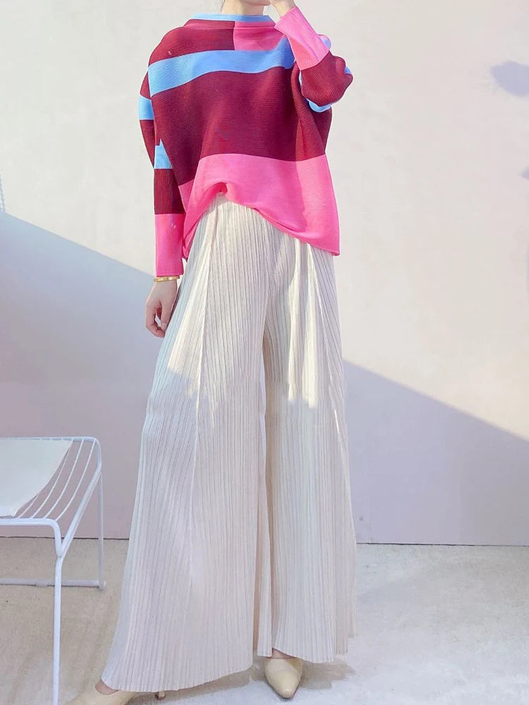 Miyake Pleated Geometric Printed Crop Tops Women Spring Summer New Designer Turtleneck Causal Aesthetic Clothes