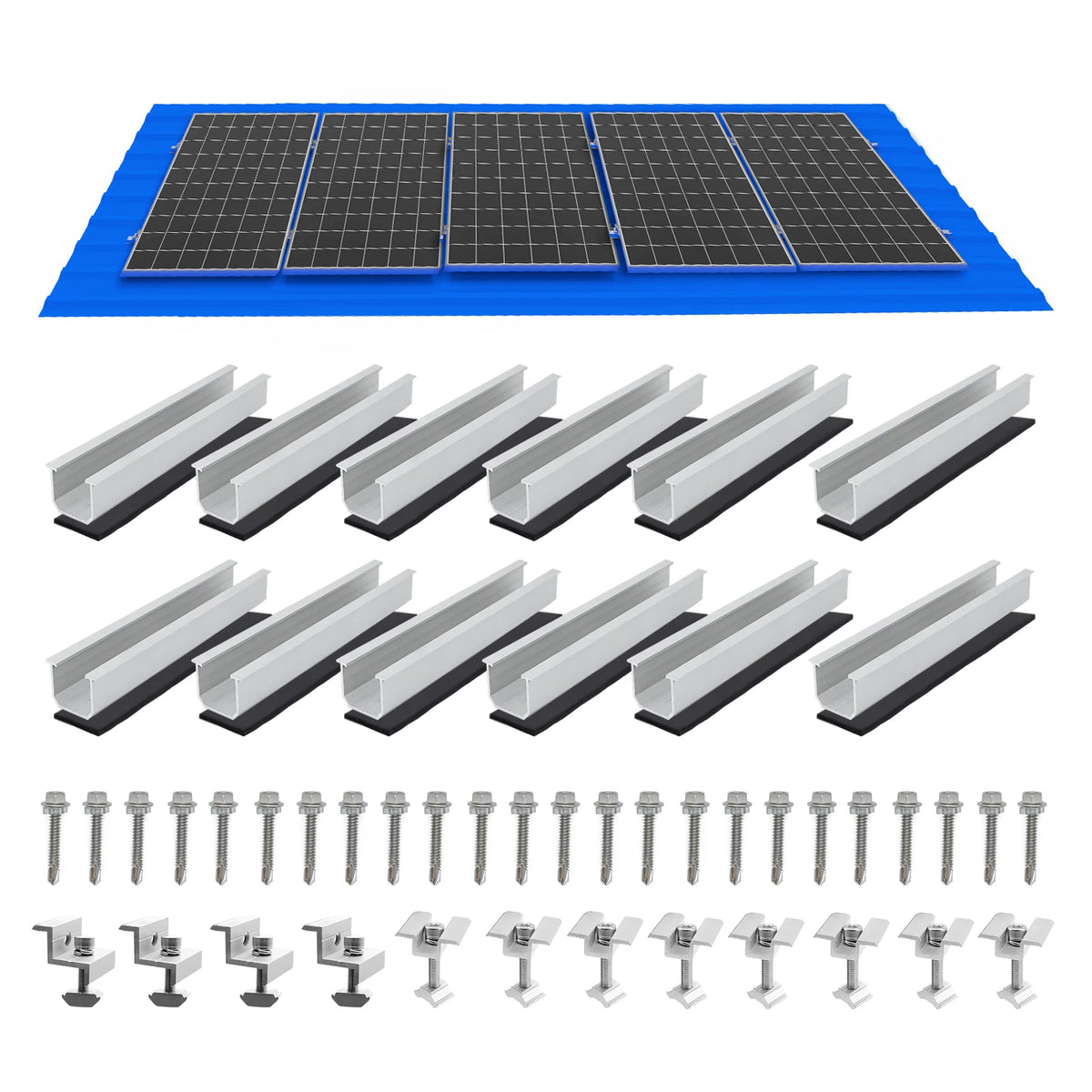 14/12/10/6pcs Solar Panel Mounting Brackets Mid and End Clamps and Rails Kit for Roofing Solar Panels of Multiple Sized