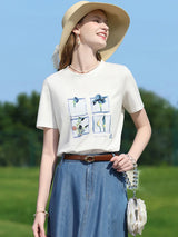 I BELIEVE YOU Women's Top Oil Painting Sequin Embroidery Round Neck 2026 New Summer Commuting Short Sleeve T-shirt 2252015995