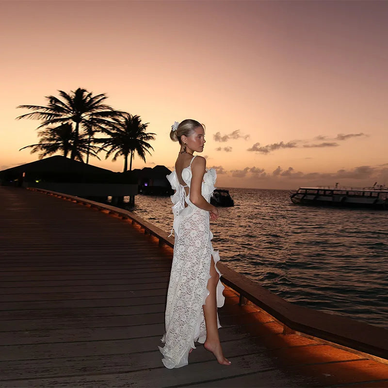 Elegant Sexy Vacation Long Dress Lace High Slit Pleated Charming Summer Luxurious Slimming Party Evening Dresses Women's Clothes