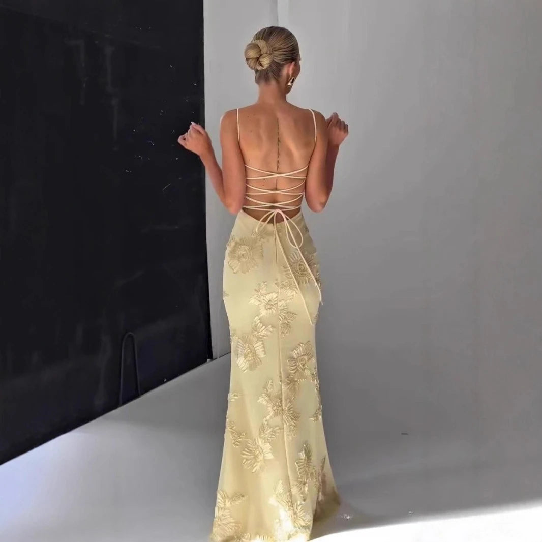 Mingmingxi Women Maxi Backless Dress Sexy 3D Floral Embroidery Mermaid Gown Yellow Formal gala Prom Party Dress Long