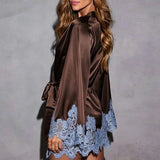 Sexy Chic Brown Lace Satin Womens Dress Spring Deep V Neck Hollow Mini Dress Autumn Long Sleeve Sashes Homewear Night Gown Mujer