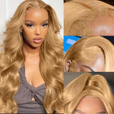 Honey Blonde 27 Body Wave 13x6 HD Transparent Lace Frontal Wig Human Hair Glueless Pre Plucked Pre Bleached Knots 250 Density Colored Brazilian 34 36 Inch Wigs for Women