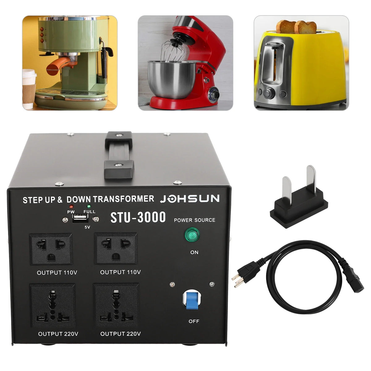 3000W Voltage Converter Transformer Power Converter Step Up/Step Down 110V to 220V 220V to 110V Heavy Duty 5V USB Port Black