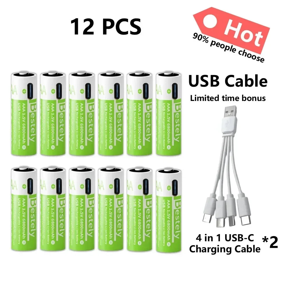 2025 Pro 1.5V AAA 6800mAh Rechargeable Battery, Type-C Fast Charging Li-ion Batteries, 2000 Cycles LED Indicator with Free Cable