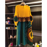 LANMREM Pleated Tie Flower Long Sleeve Women's Dress Chic New Loose Colorblock Patchwork Design Beading Famale Clothing 2DB6651