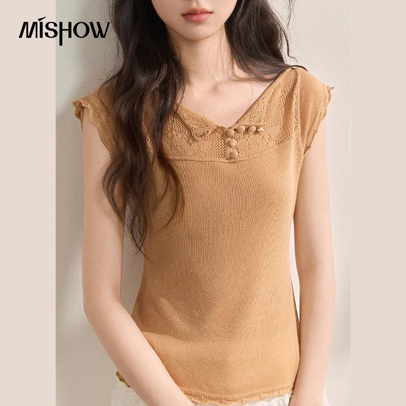 MISHOW Cool Linen Flying Sleeve Knitted Lapel T-shirt 2026 Summer Casual Style Tees Hollow-out Hook Flower Design Top MXF16Z3033
