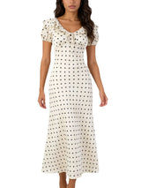 Chu Sau beauty Women New Fashion Sweet Polka Dot Print Chic Ruffles Midi Dress French V-Neck Puff Sleeve Vintage Party Dresses