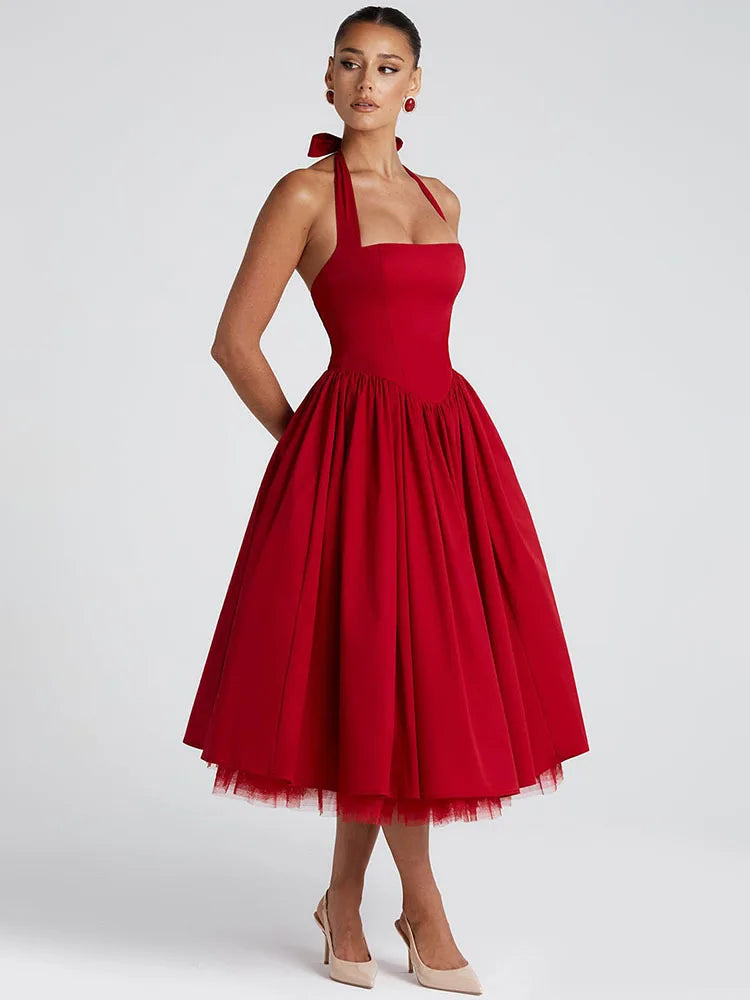 Mozision Halter Backless A-line Club Midi Dress Women Fashion Elegant Square Collar Sleeveless High Waist Party Pleated Dress