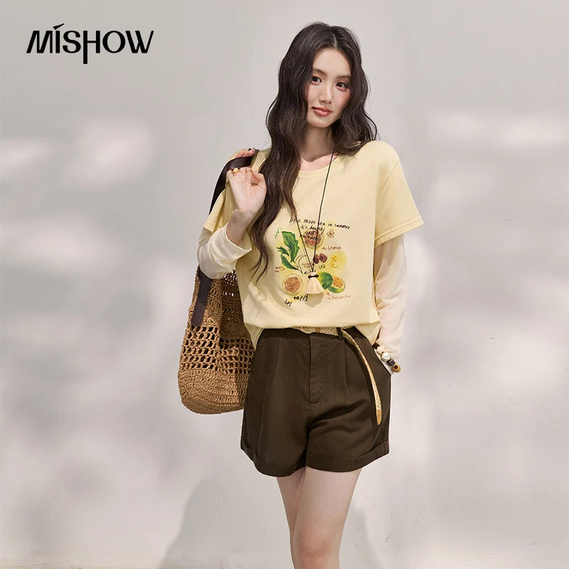 MISHOW Women's Mesh Splice Fake Two Piece Long Sleeve T-Shirt 2026 Summer Lemon Fruit Print Tee Loose Slim Casual Top MXF28T1696