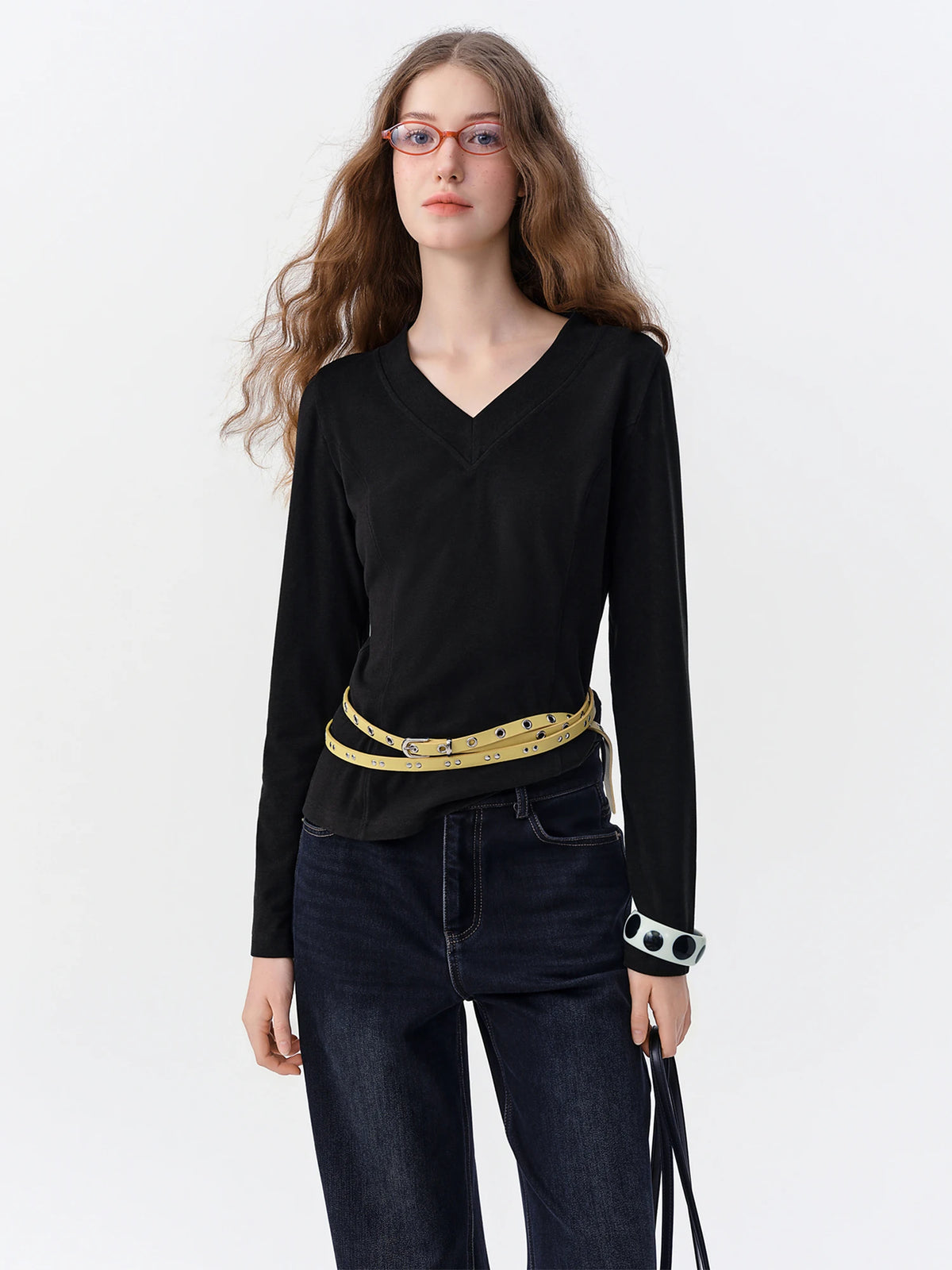 DUSHU Women's V Neck Long Sleeve Soft Blend Slim Knit T-Shirt Solid Color Base Layer Elegant Commute Lightweight Layering Top