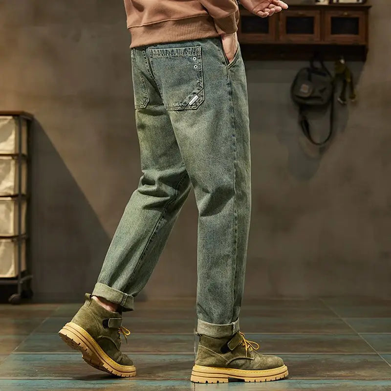 2026 Spring Men's Retro Harem Denim Jeans Loose Fit Harajuku Straight Pants Solid Color Comfortable Versatile Fashion Trousers