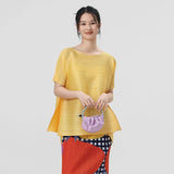 LANMREM Premium Pink Pleated Asymmetrical Women's T-shirt Batwing Sleeve Round Neck Loose Fit Daily Commute Pullover Top 2DB7499