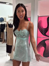 Lace Sequin Satin Spaghetti Strap Mini Dress A-Line Slim Fit 2026 Summer Delicate Women Party Dress Elegant Causal Lady Vestido