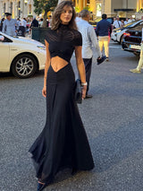 JULISSA MO Sexy Hollow Out Turtleneck Women Maxi Dress Coffee Short Sleeve See Through Mesh Bodycon Elegant Party Evening Dress