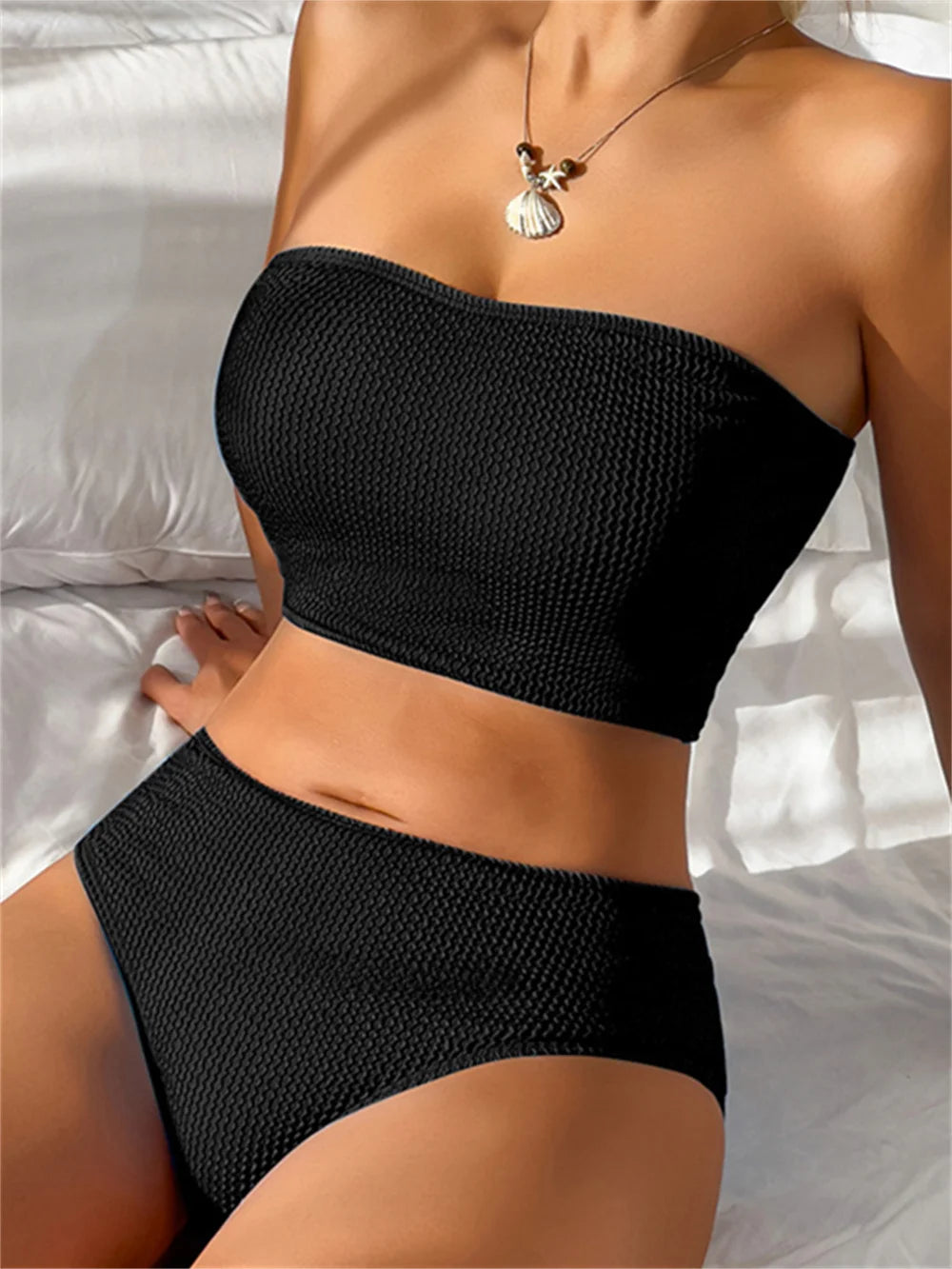 Sexy rosered bikini strapless bandeau swimsuit women vacation swimwear high waist ribbing tankini outfit beachwear swimming suit