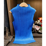 Miyake Pleated Sleeveless Undershirt 2026 New Simple Versatile Slim Simple Solid Color T-shirt Women Thin Stretchy Tops Clothes