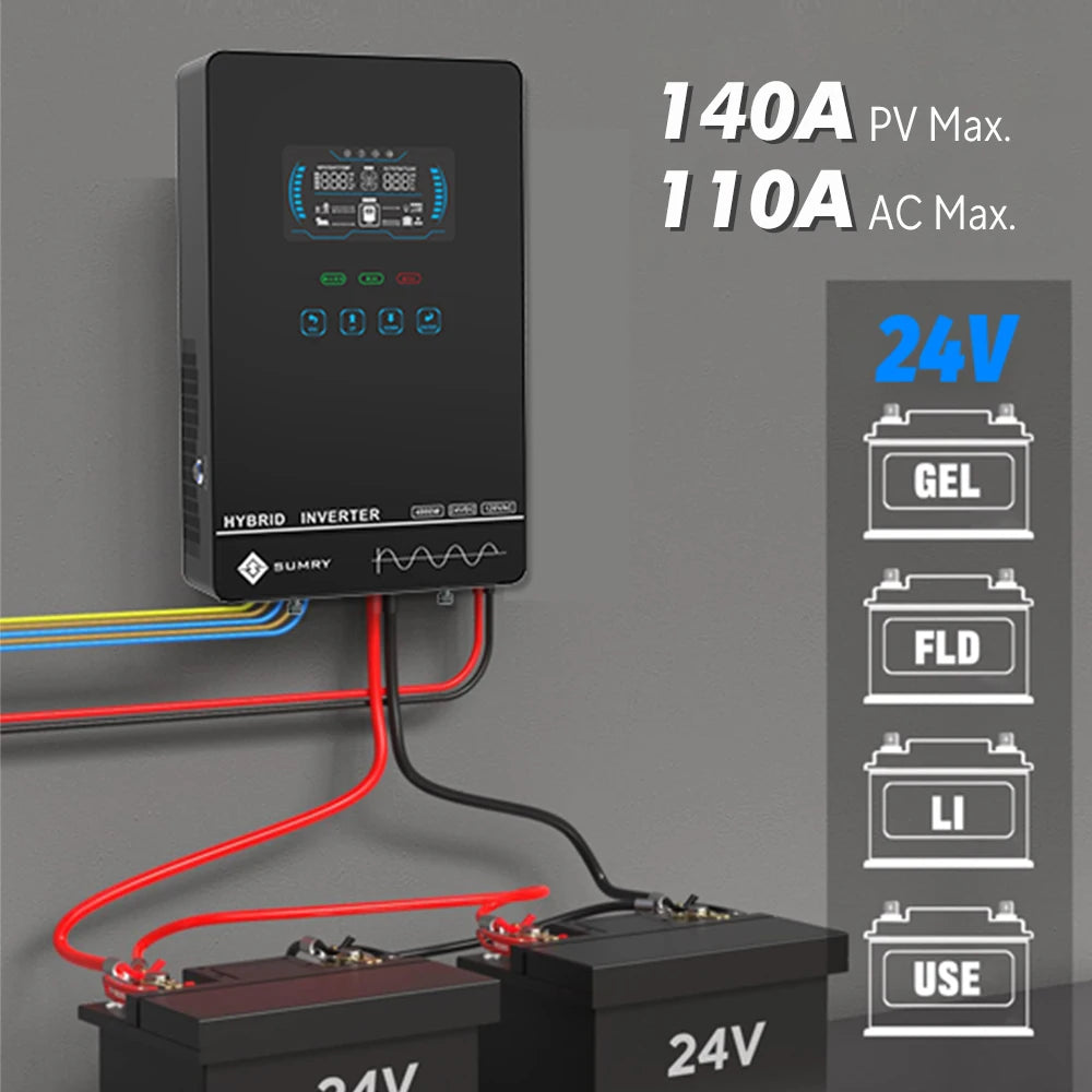 SUMRY 4KW Off Grid Solar Inverter 24V Pure Sine Wave Built-in140A MPPT Solar Charger Cold Restart Function Work Without Battery