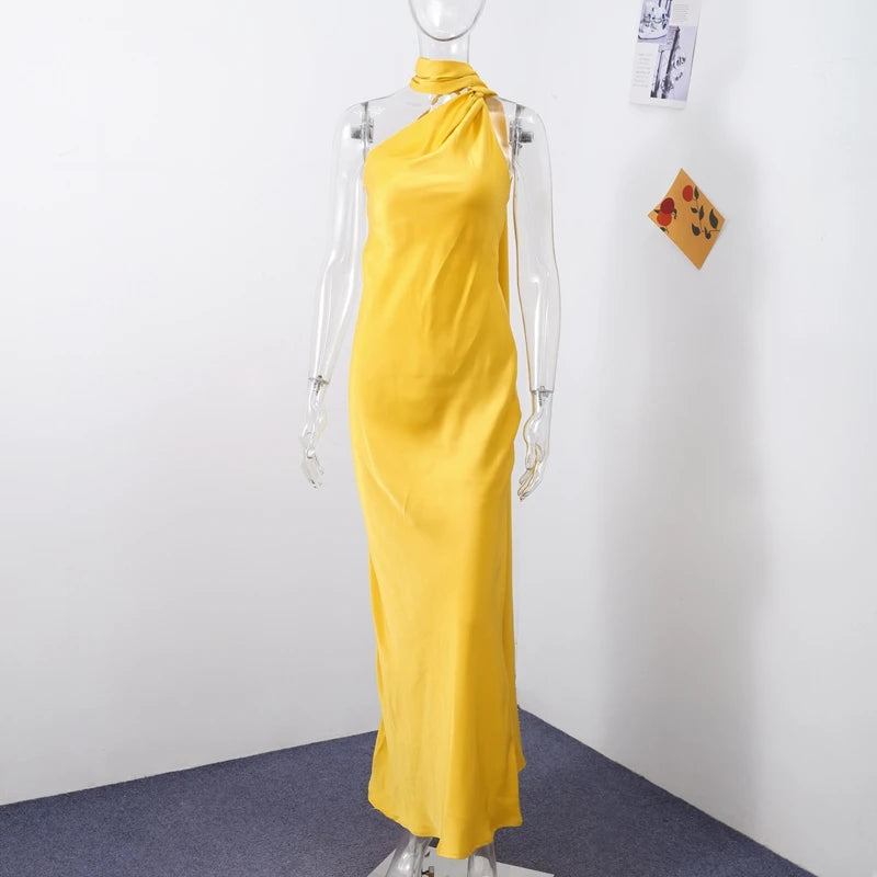 Elegant Satin Ribbons Halter Party Dress Women's Sexy Backless Off Shoulder Sleeveless Robes 2026 Summer New Lady Evening Gowns