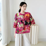 LANMREM High End Whimsical Horse Print Pleated Woemn's T-shirt Half Sleeve Round Neck Loose Fit Lightweight Casual Top 2DB6913