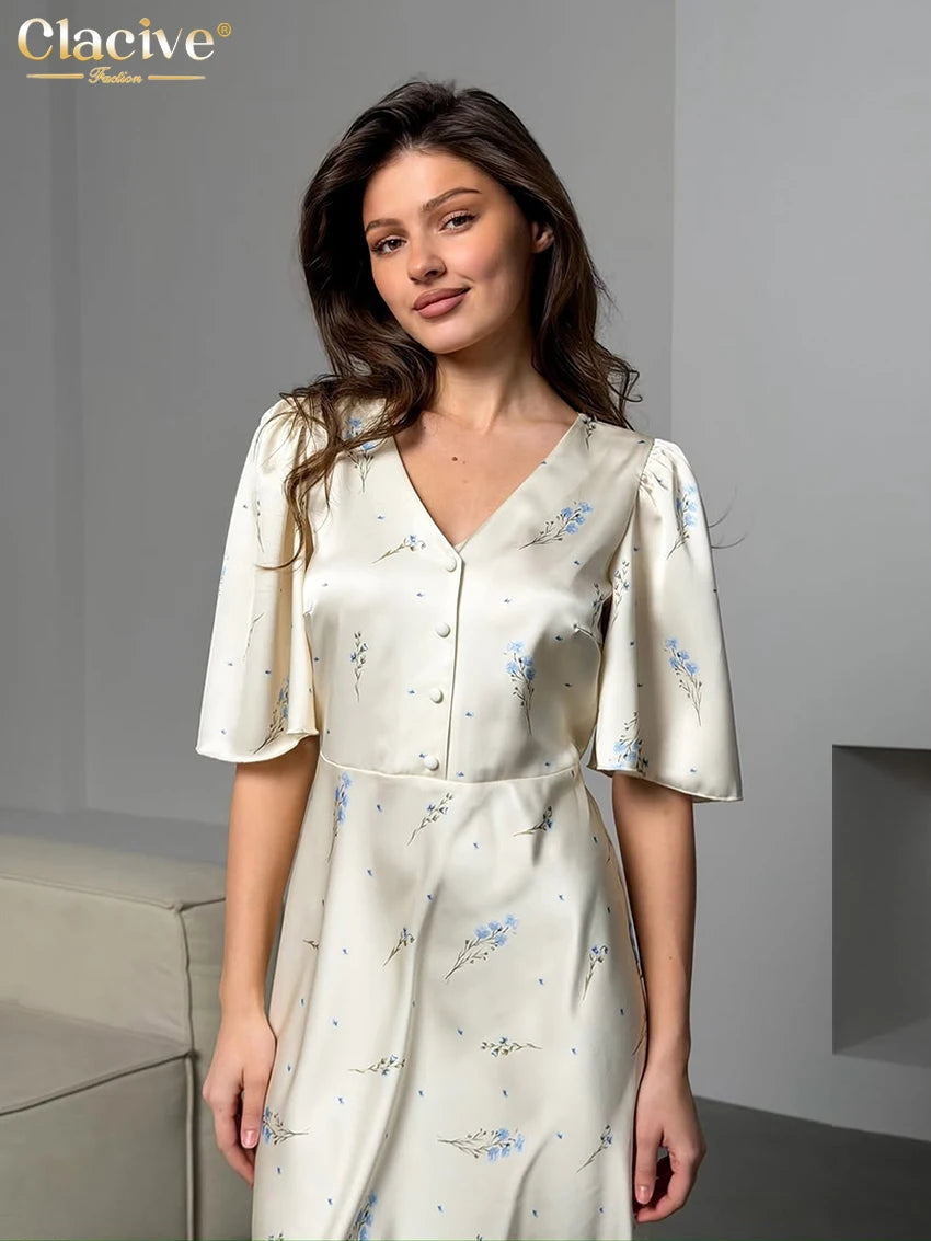 Clacive Summer Loose Print Women's Dress 2026 Sexy V-Neck Short Sleeve Ankle Length Dresses Elegant Classic Female Dress Streetw