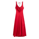 HH Women's Solid Vacation Style Satin Texture Backless V-neck Midi Dress Summer Female Elegant Sexy Lace-up Strap Dress