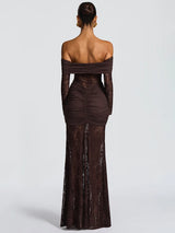 Mozision Off-shoulder Long Sleeve Sexy Maxi Dress Women Fashion Lace See Through Strapless Backless Bodycon Club Party Dresses